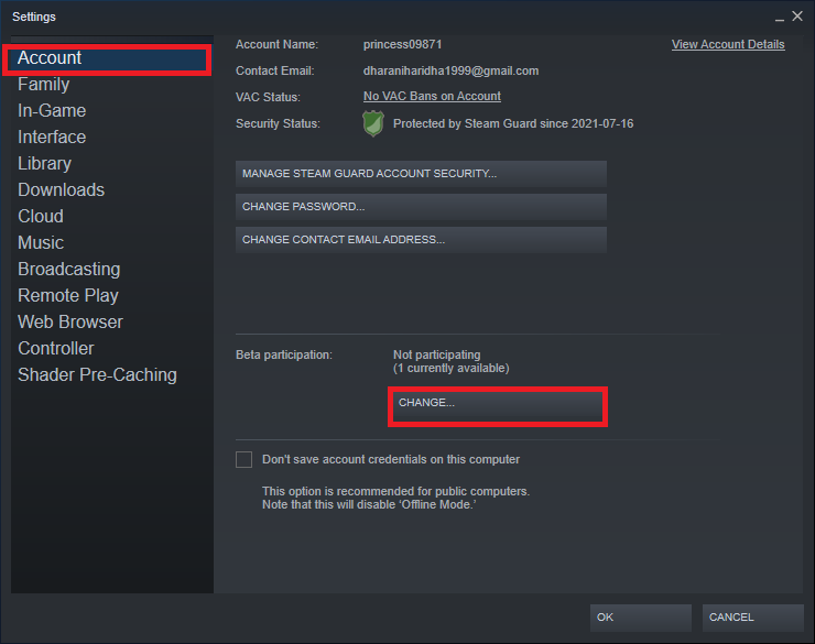 ตอนนี้ สลับไปที่แท็บบัญชีแล้วเลือกตัวเลือก CHANGE…  วิธีแก้ไขการอัปโหลดรูปภาพ Steam ล้มเหลว