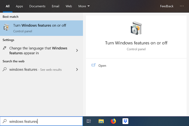 タスクバーの検索フィールドにWindowsの機能を入力します