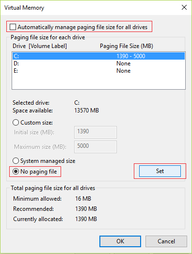 Deseleziona Gestisci automaticamente le dimensioni del file di paging per tutte le unità, quindi seleziona Nessun file di paging