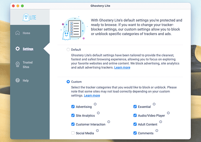 Impostazioni Ghostery Lite
