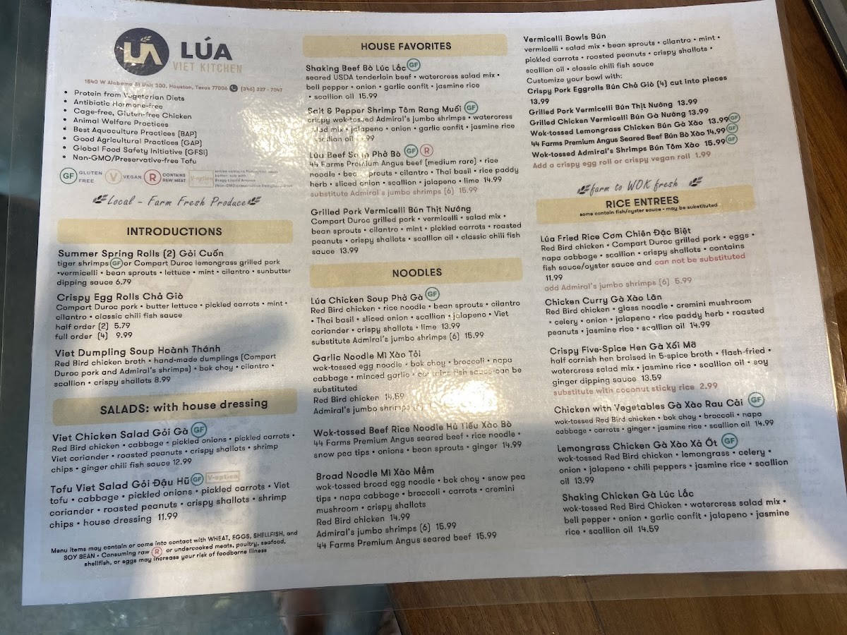 Lúa Viet Kitchen gluten-free menu