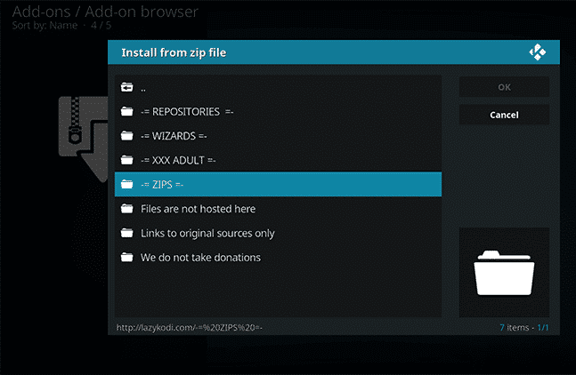 Haga clic en 'ZIPS' para instalar el repositorio de Kodi Bae para Exodus