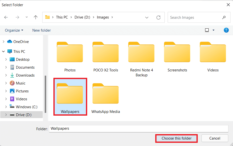 Elegir la carpeta que contiene imágenes para la presentación de diapositivas.  Cómo cambiar el fondo de pantalla en Windows 11