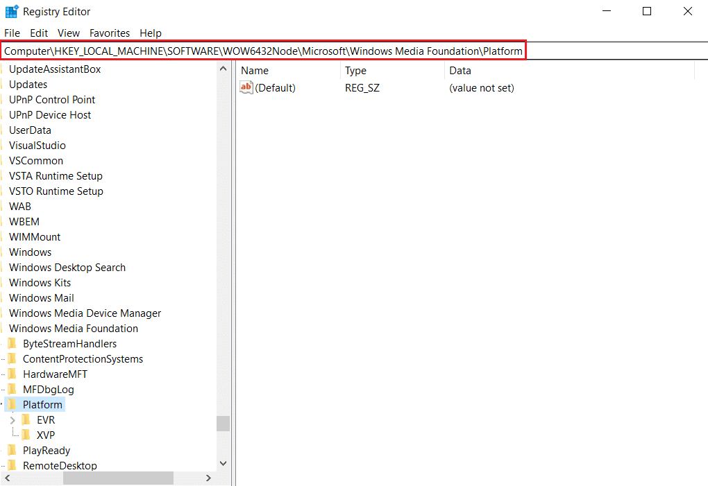 ไปที่คอมพิวเตอร์ HKEY LOCAL MACHING SOFTWARE WOW6432Node ตำแหน่ง Microsoft Windows Media Foundation Platform จากแถบที่อยู่ใน Registry Editor