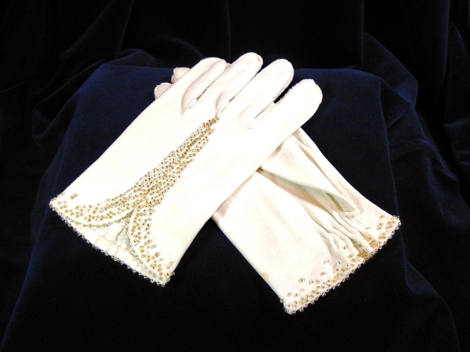 Wedding Gloves White Bride Wrist Lovely Vintage 1950 s Gold and Clear