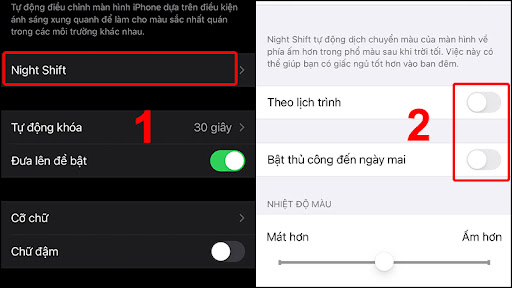 Nhấn vào Night Shift và gạt công tắt để tắt 2 chế độ