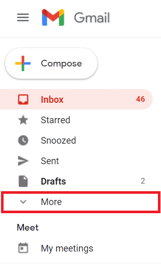 Scroll naar beneden tot je de optie 'Meer' vindt en klik erop.  |  Fix Gmail-account ontvangt geen e-mails