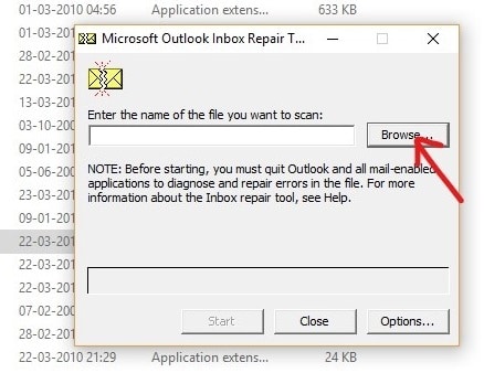 Haga clic en el botón Examinar en la herramienta de reparación de la bandeja de entrada de Microsoft Outlook