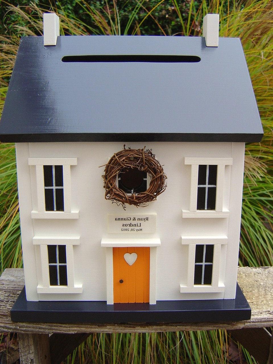 Wedding Card Box Birdhouse White Navy and Orange Zest