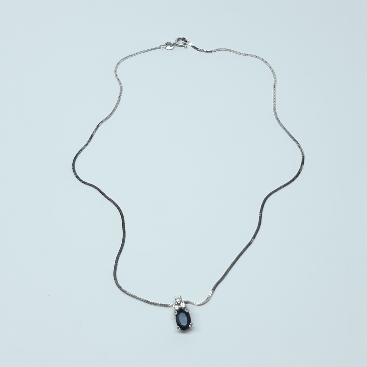 14K White Gold Sapphire & Diamond Pendant Necklace