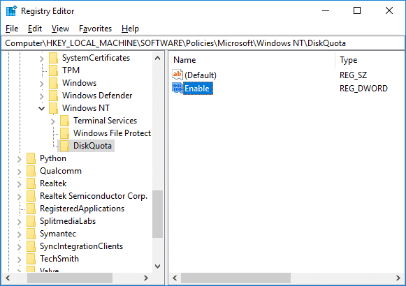 Включить или отключить дисковые квоты в редакторе реестра