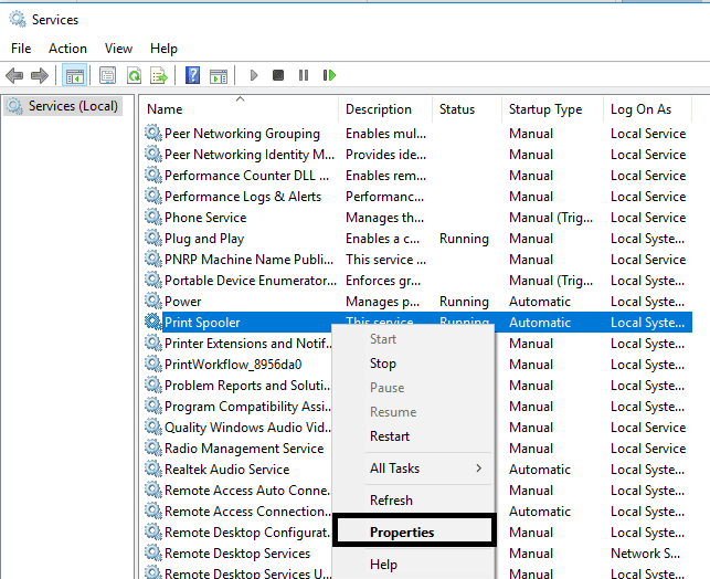 Localisez le spouleur d'imprimante et faites un clic droit dessus pour choisir la section des propriétés |  Correction des erreurs du spouleur d'imprimante sous Windows 10