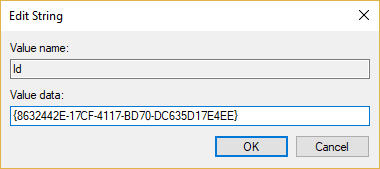 IDキーをダブルクリックして、GUID文字列値を書き留めます