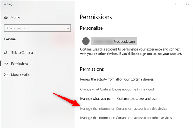 Quản lý thông tin mà Cortana có thể truy cập từ thiết bị này