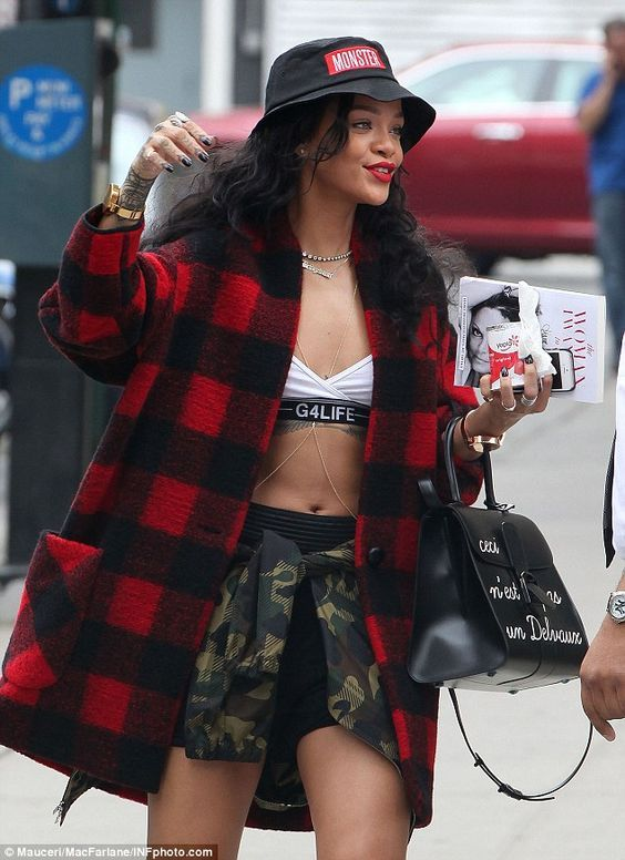 Rihanna wearing tartan print and bucket hat