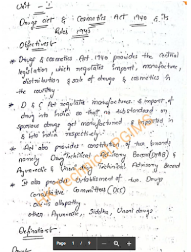 Drugs & Cosmetic Act 1940 Handwritten Notes Pharmaceutical Jurisprudence 5th Semester B.Pharmacy Lecture Notes,BP505T Pharmaceutical Jurisprudence,BPharmacy,Handwritten Notes,BPharm 5th Semester,Important Exam Notes,