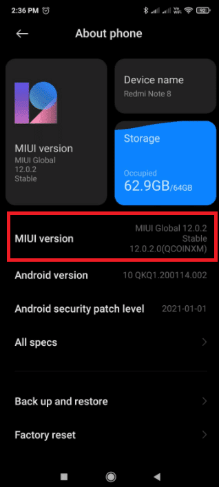 appuyez sur MIUI Version pour activer l'option développeur pour modifier la configuration USB par défaut.  Comment modifier les paramètres USB sur Android