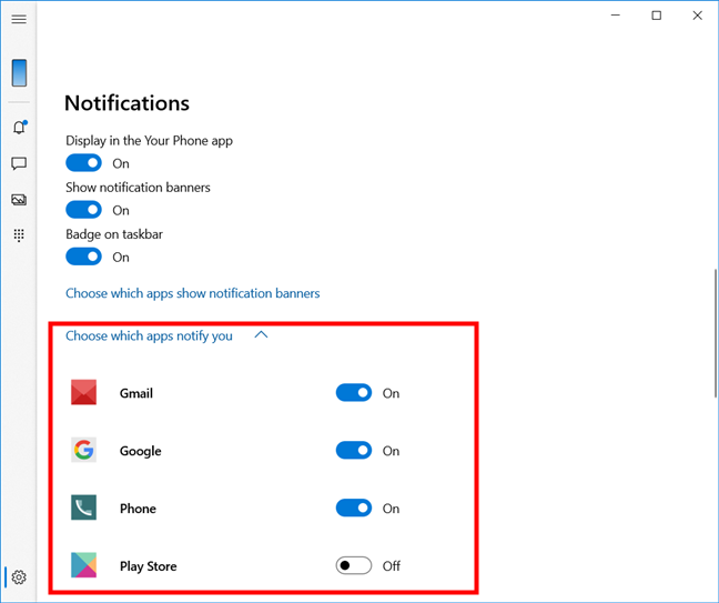 Windows 10 Your Phone 앱에서 알림을 표시할 [Android] 앱 선택