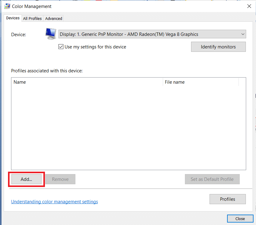 haga clic en el botón Agregar... en la pestaña de dispositivos de la sección de administración de color.  Cómo configurar 3 monitores en una computadora portátil