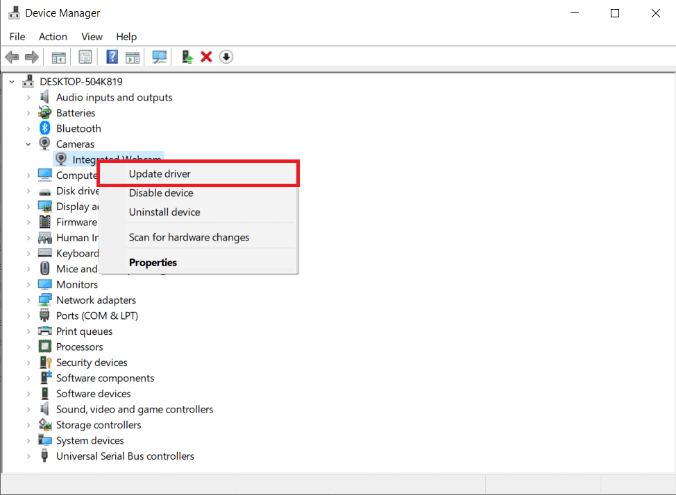 Haga clic derecho en la cámara web integrada y haga clic en Actualizar controlador