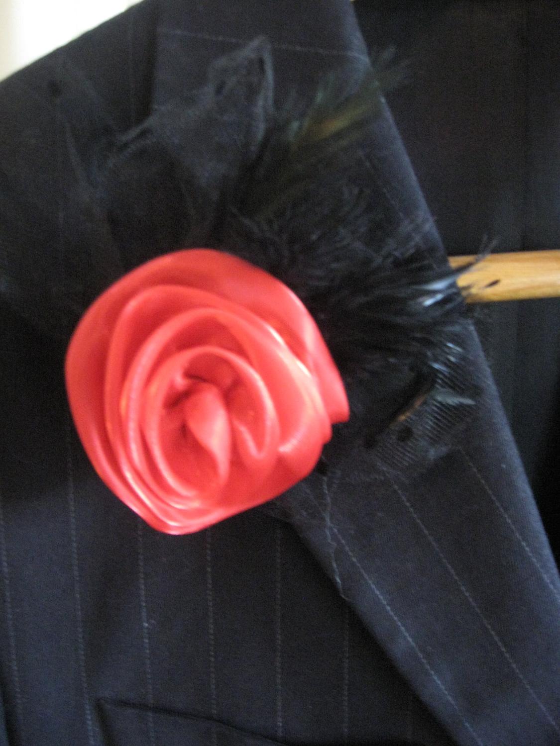 Boutonniere Red Black Satin Flower Black Feathers Wedding with Color Will