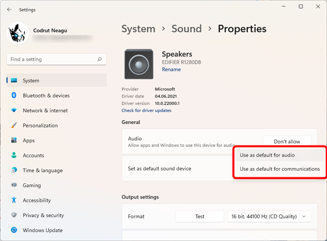 Seleccionar los altavoces por defecto para audio y/o comunicaciones