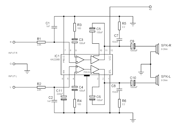 Diagrama esquemático del amplificador de audio de 2.3 w con KA2206B