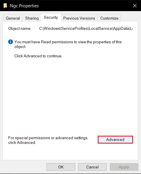 fare clic sull'opzione Avanzate nella scheda Sicurezza delle proprietà della cartella Ngc.  Correggere l'errore 80090016 del modulo piattaforma affidabile
