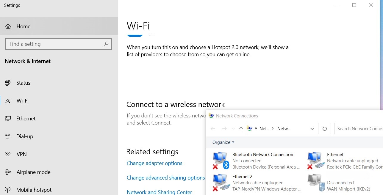 Windows Wi-Fi sharing settings screen