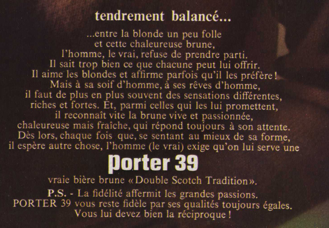 Publicité vintage : Tendrement balancé... (Bière brune Porter 39) - Pour vous Madame, pour vous Monsieur, des publicités, illustrations et rédactionnels choisis avec amour dans des publications des années 50, 60 et 70. Popcards Factory vous offre des divertissements de qualité. Vous pouvez également nous retrouver sur www.popcards.fr et www.filmfix.fr