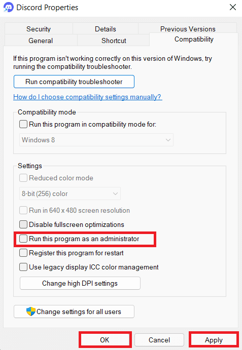 Ejecuta Discord sin derechos de administrador.  Cómo reparar el error de Discord JavaScript al iniciar en Windows 10