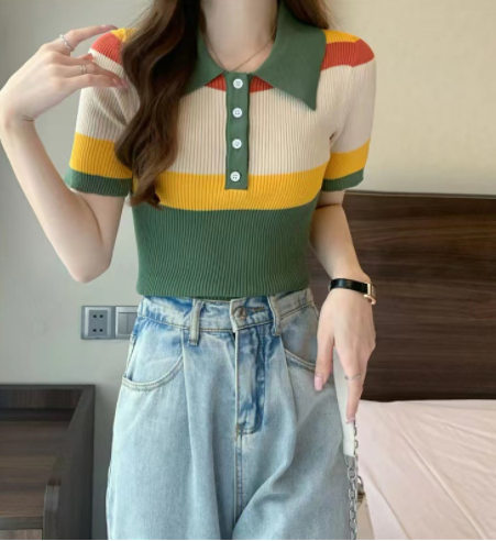 Title 2, Color Stitching Lapel T-shirt Slim Fit And Slim...