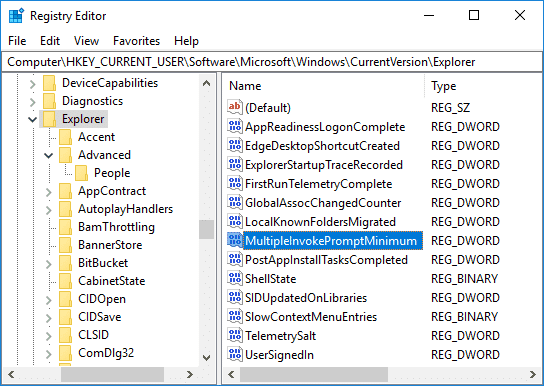 ตั้งชื่อ DWORD ที่สร้างขึ้นใหม่นี้เป็น MultipleInvokePromptMinimum แล้วกด Enter