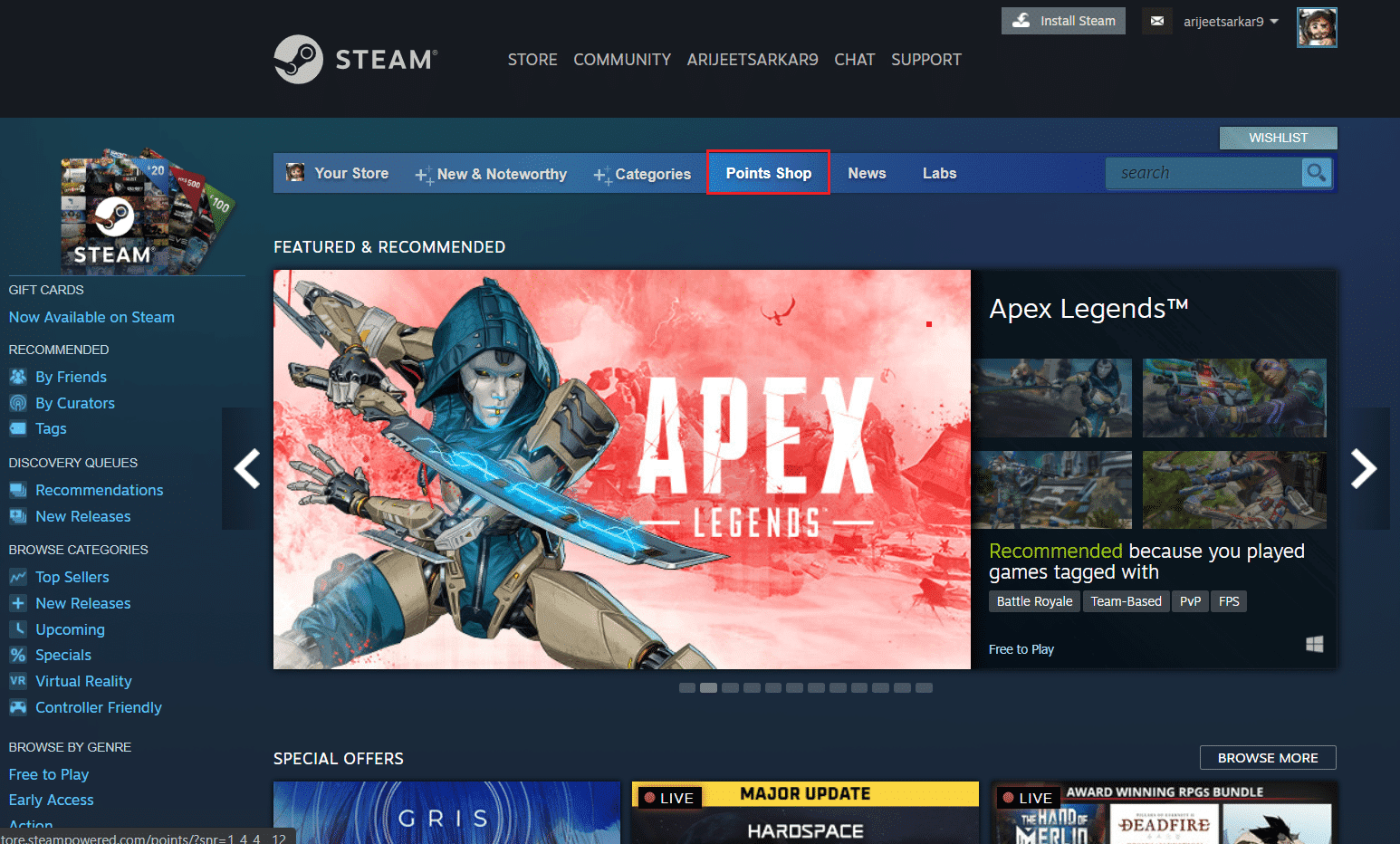 fai clic sul pulsante Negozio a punti nella pagina Negozio di Steam sul browser