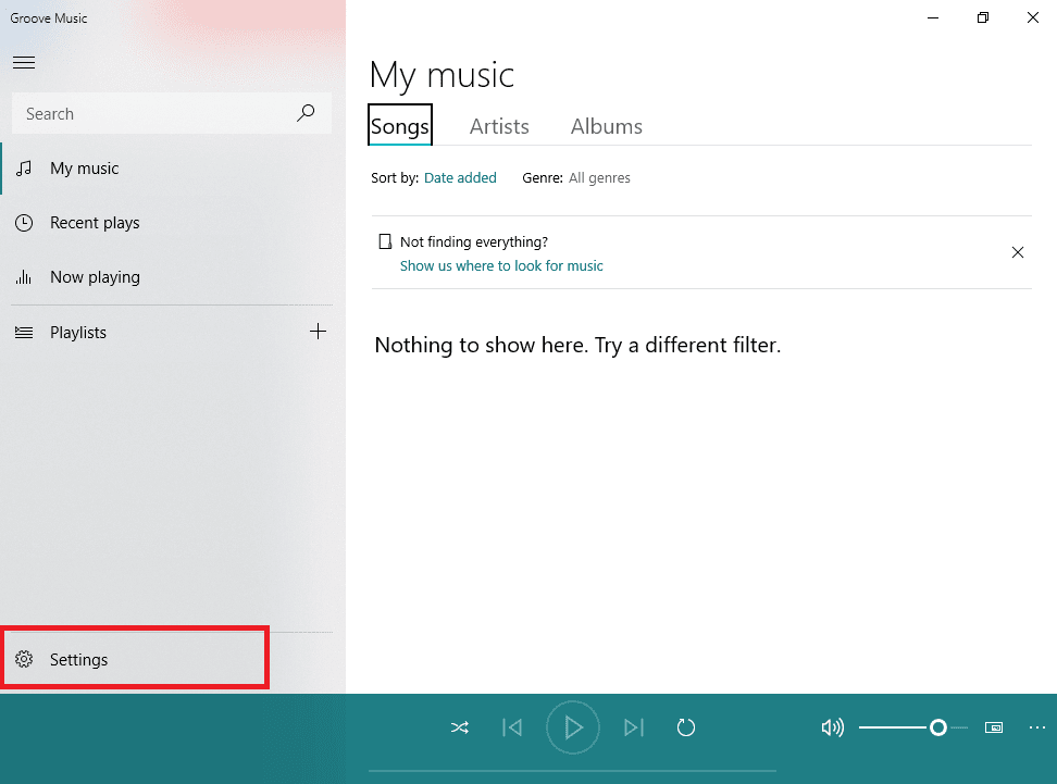 En Groove Music, haga clic en la opción Configuración disponible en la barra lateral inferior izquierda