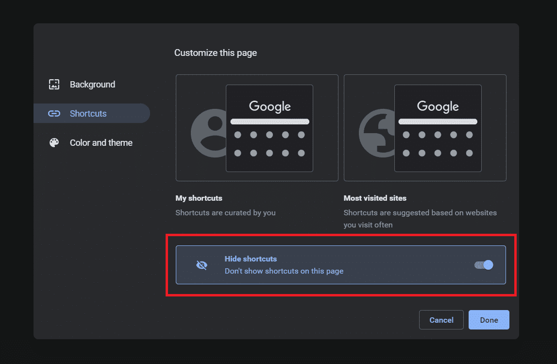 Ocultar la opción de accesos directos.  Cómo eliminar los sitios más visitados en Google Chrome