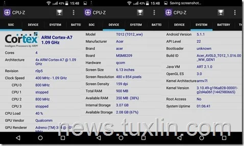 Benchmark Acer Liquid Z320 CPU-Z