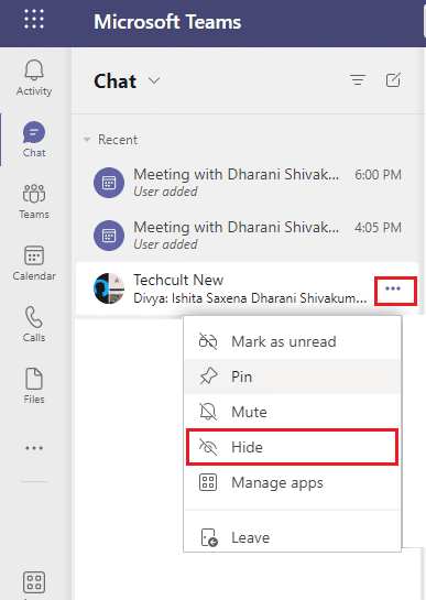 วางเมาส์เหนือช่องหรือแชทที่คุณต้องการซ่อน แล้วคลิกไอคอนจุดสามจุด  คุณสมบัติการประชุมทีม Microsoft 10 ที่ดีที่สุด