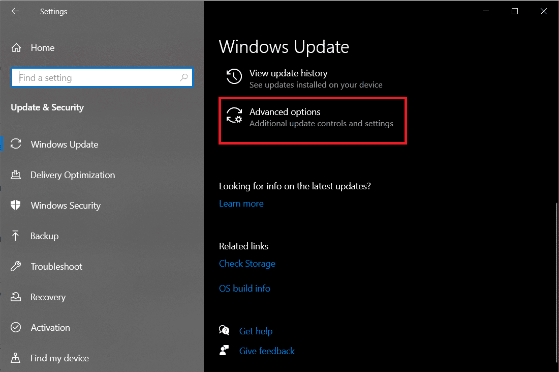 Actualización de Windows Opciones avanzadas