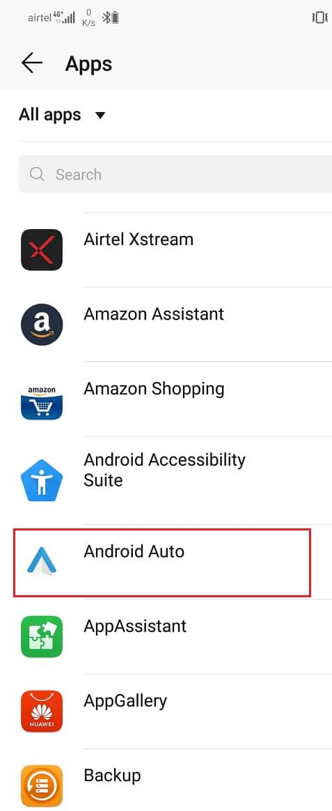 Busque Android Auto en la lista de aplicaciones instaladas y tóquelo