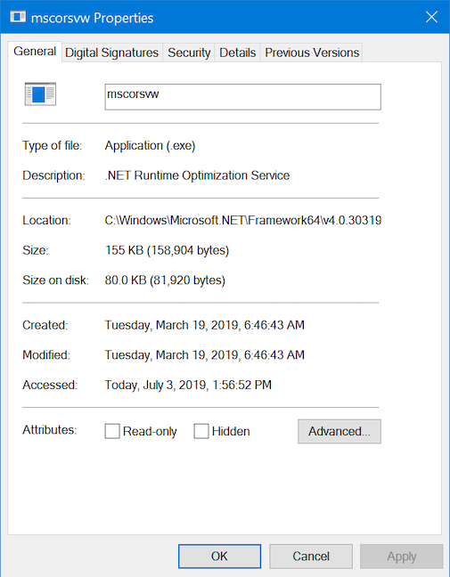 La fenêtre Propriétés d'un processus Windows 10