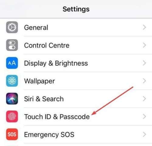 เมนู Touch & Passcode ใต้ Settings