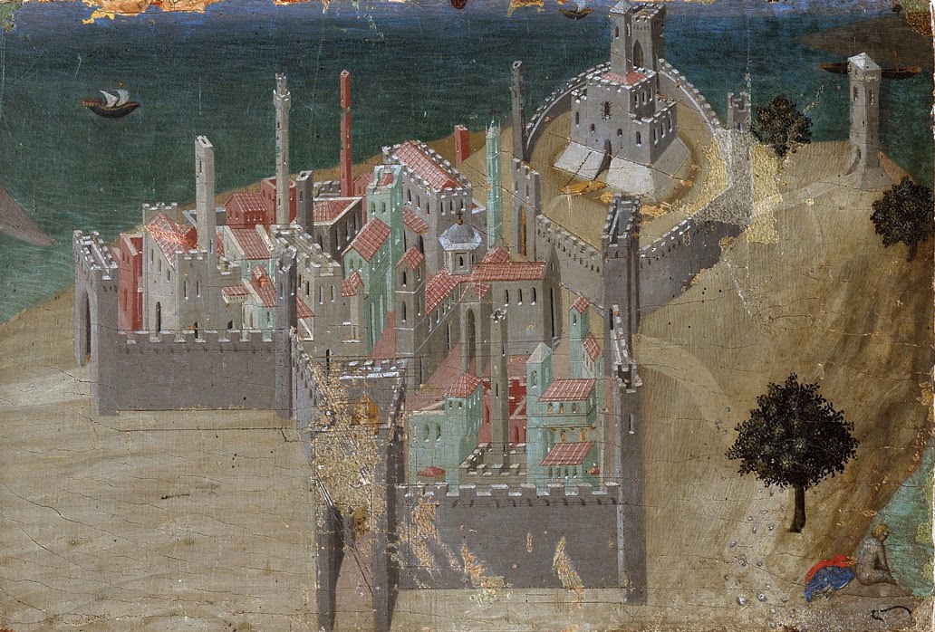 Stefano di Giovanni di Consolo da Cortona (Sassetta), Città sul mare (veduta di Talamone), (1340 circa), Siena, Pinacoteca Nazionale

