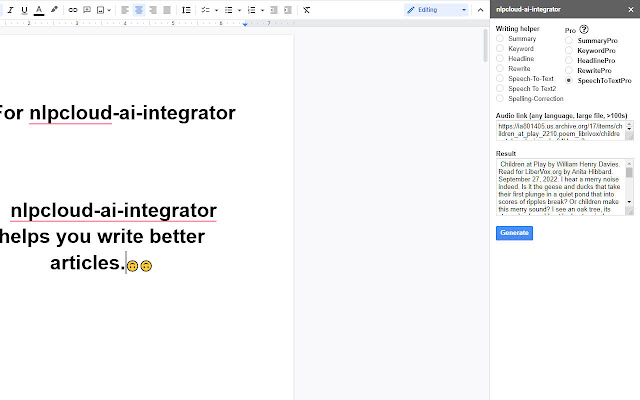 Screenshot of nlpcloud-ai-integrator