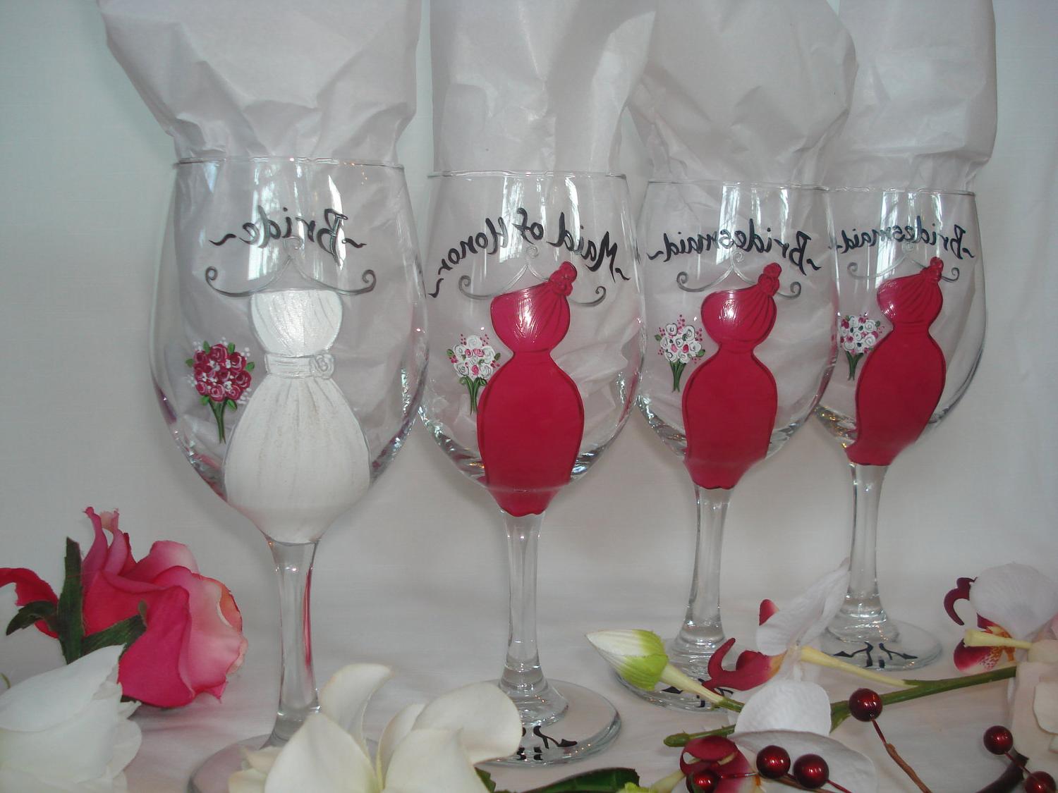 Personalized Hand Painted Bridal Party Wine Glasses - Set of 4 - Gift