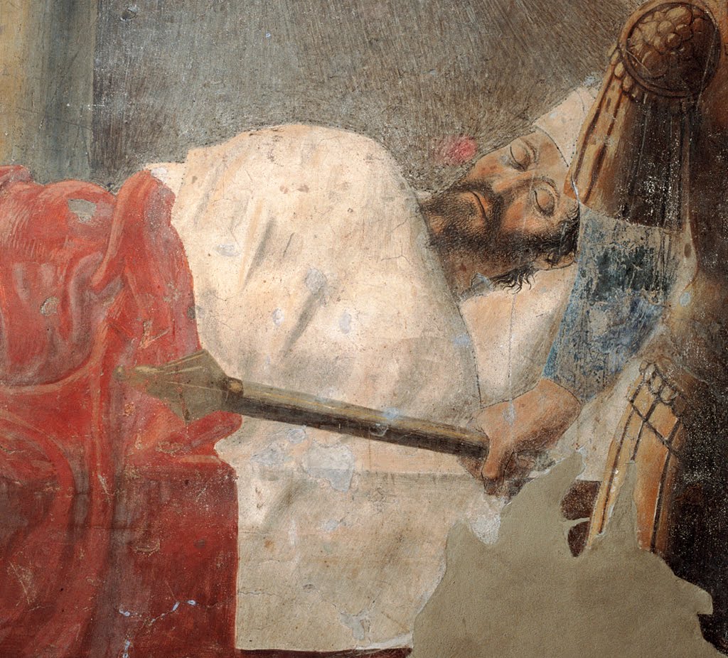 Piero della Francesca, Sogno di Costantino, particolare l'imperatore Costantino addormentato, le Storie della Vera Croce, Basilica di San Francesco, Arezzo