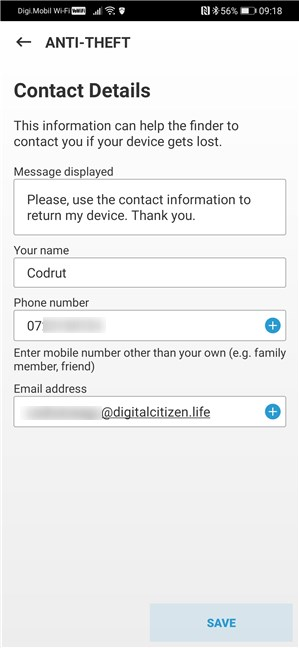 Contactgegevens in ESET's Anti-Theft