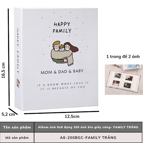 Album ảnh 6x9 đựng 200 ảnh, mẫu Happy Family trắng tấm bìa cứng siêu đẹp tại In Ảnh Theo Yêu Cầu