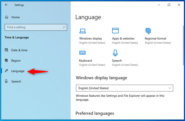 Die Seite „Sprache“ in der App „Einstellungen“ von Windows 10