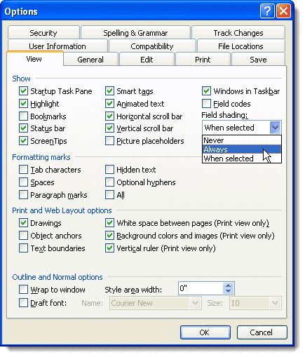 Selección para mostrar siempre el sombreado del campo en Word 2003